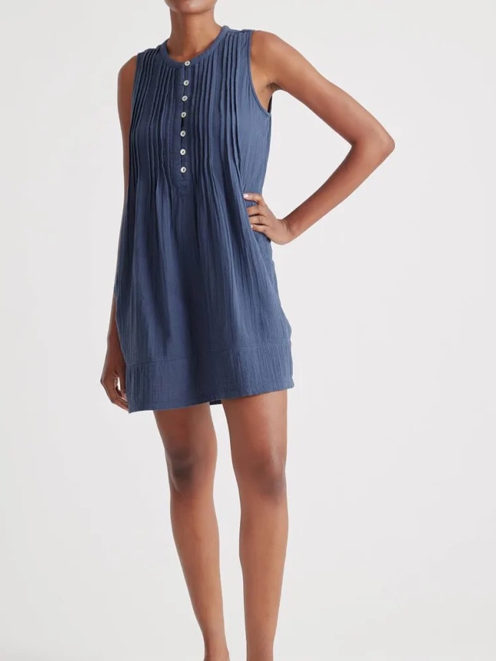 Quince 100% Organic Cotton Gauze Sleeveless Swing Dress in Indigo Blue